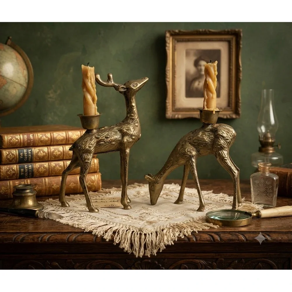 Vintage Brass Deer Candle Holder Set Gold Reindeer Buck Doe Christmas Decor 6in